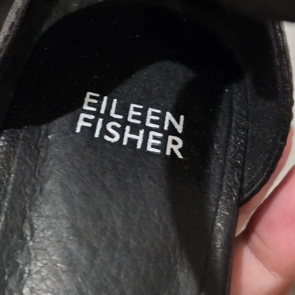 Eileen Fisher Sue Leather Flats Ankle Strap 5 1/2 Heel Shoes Black Minimalist